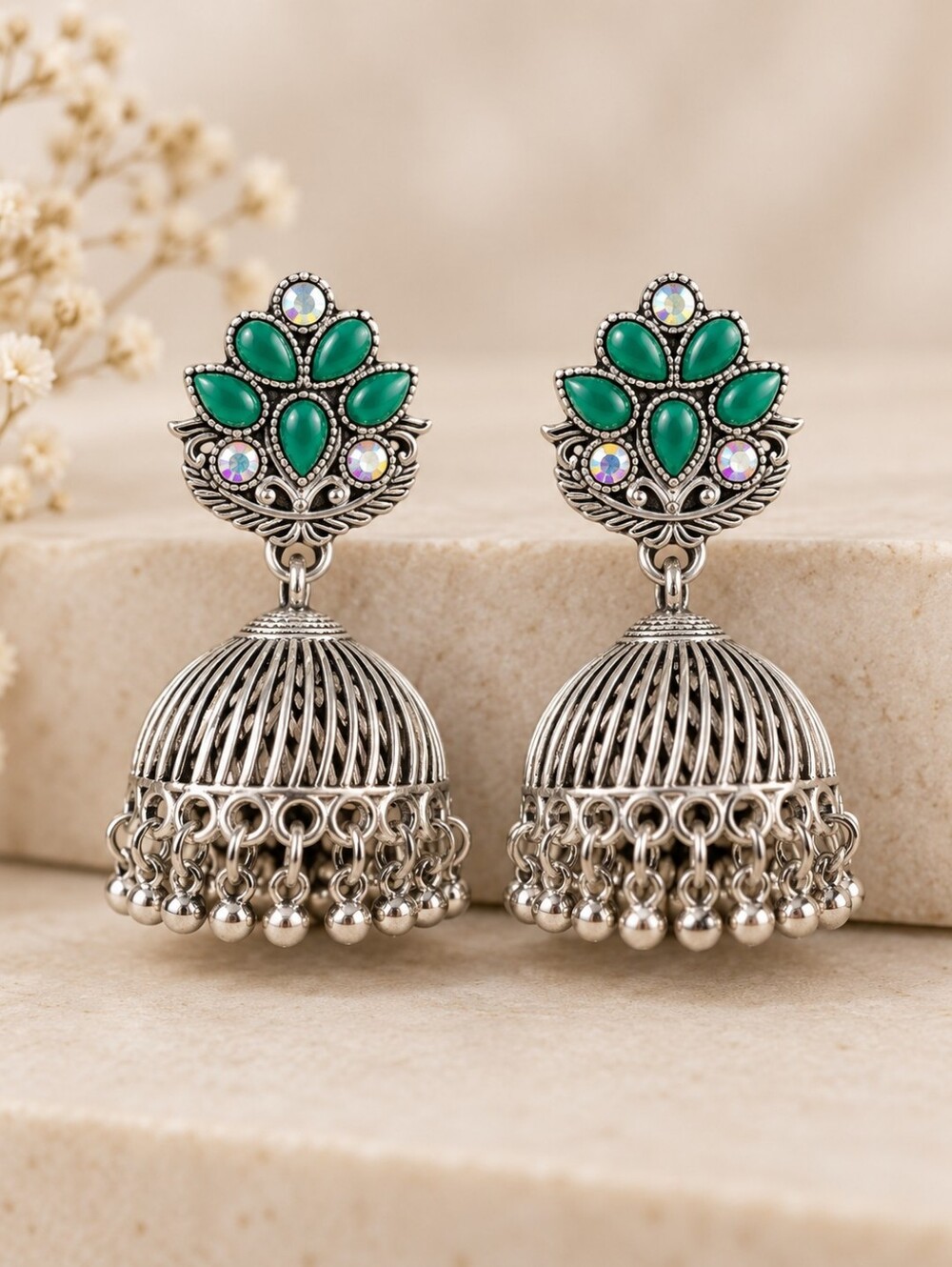 Green Stone Oxidized Silver Jhumka Earrings | Statement Jewelry